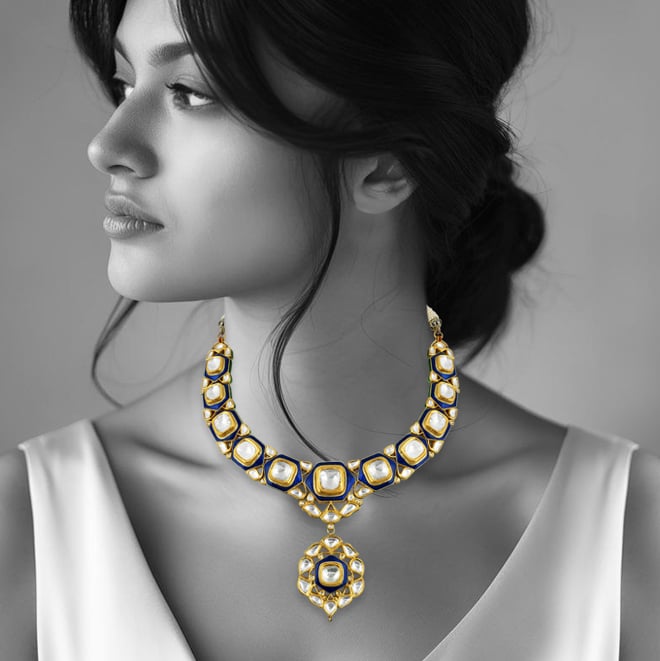 Polki Necklace with Blue Enamel and Central Polki Pendant